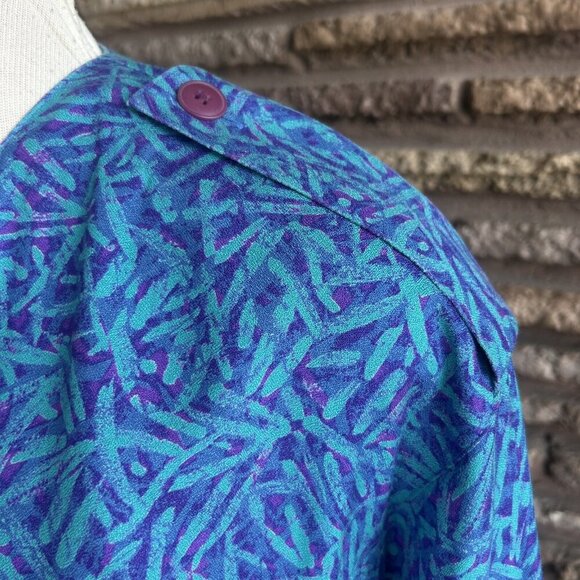 St. Gillian Vintage 80s Blue Purple Print 100% Silk Military Shirt Dress Size 6 - Picture 9 of 10
